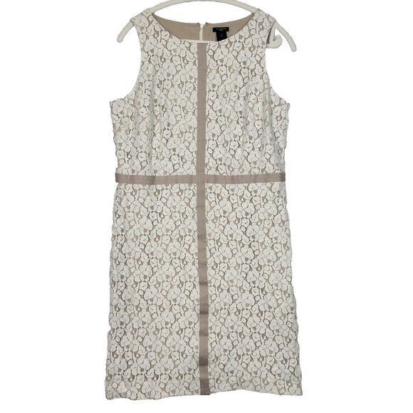 Ann Taylor Size 14P Sleeveless Lace Mid Dress Beige Ivory Lined Overlay Elegant - Picture 1 of 14